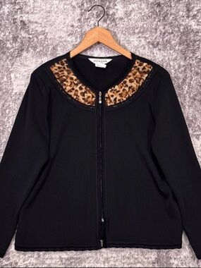 Misook Black Zip Jacket with Leopard Trim Petite Large